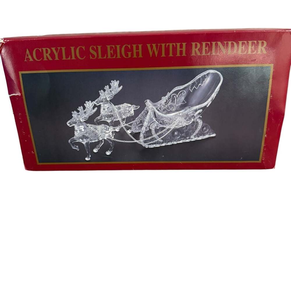 Vintage Acrylic Sleigh and Reindeer Christmas Decoration with Silver Accents.